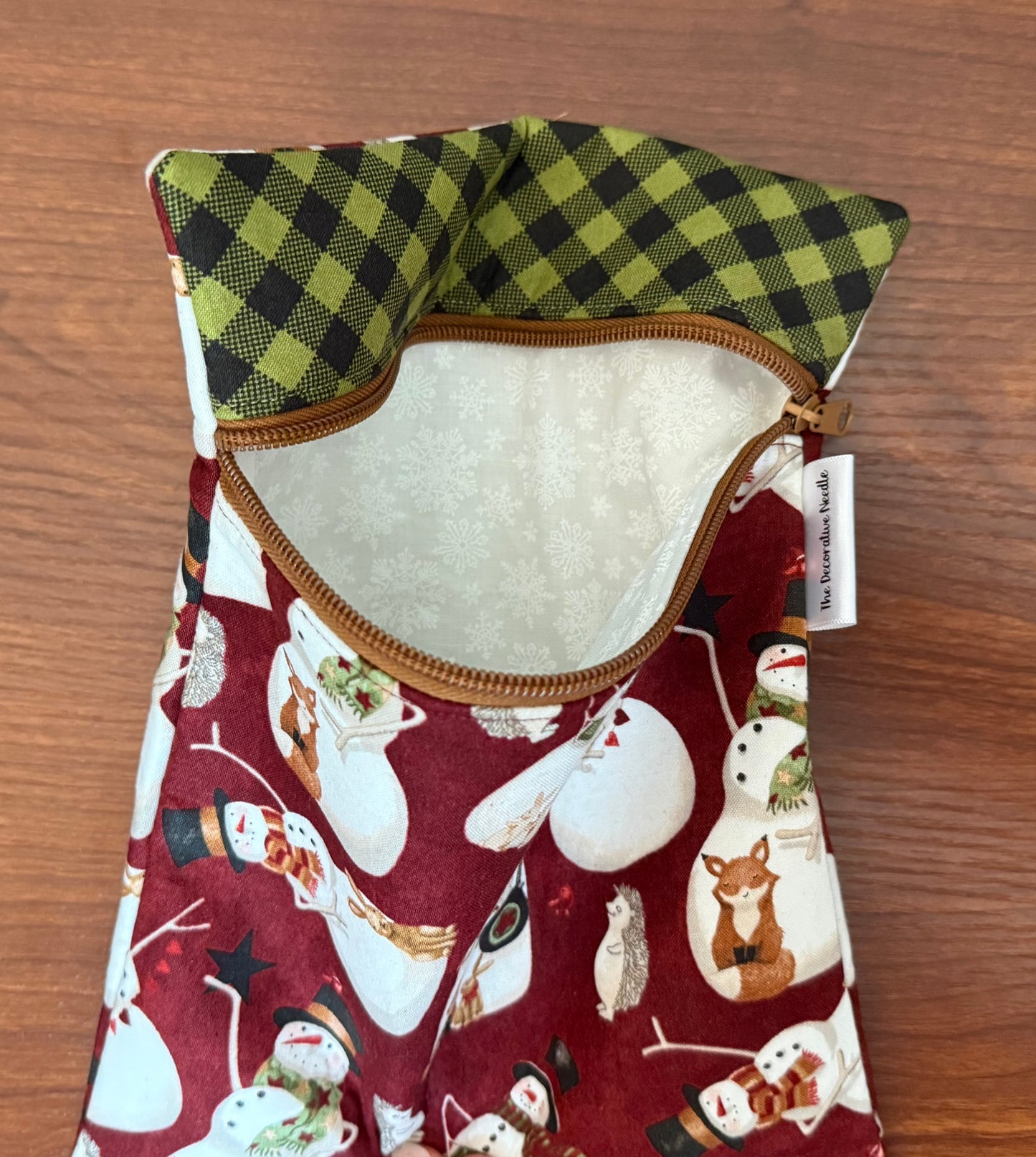 Northern Christmas Snowmen Skinny project bag for cross stitch & embroidery featuring fabric by Teresa Kogut