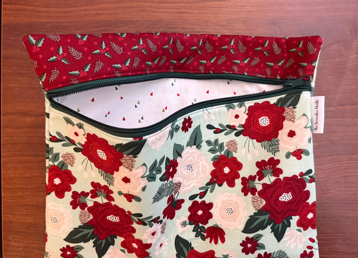 Evergreen Wishes Floral on Mint Regular project bag for cross stitch & embroidery
