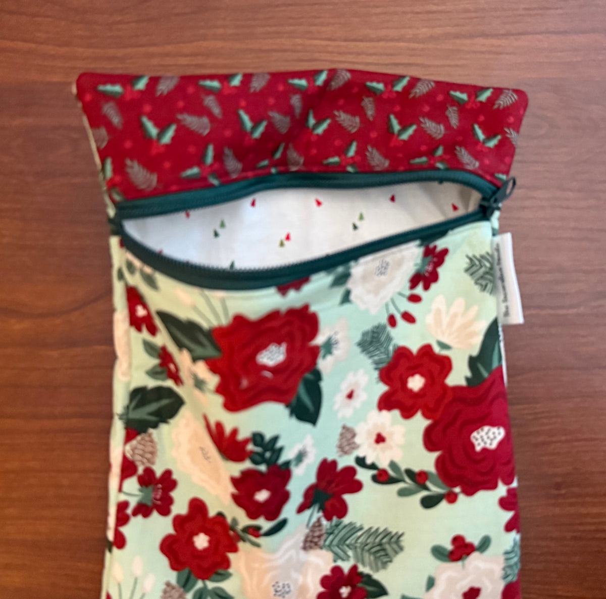 Evergreen Wishes Floral on Mint Skinny project bag for cross stitch & embroidery