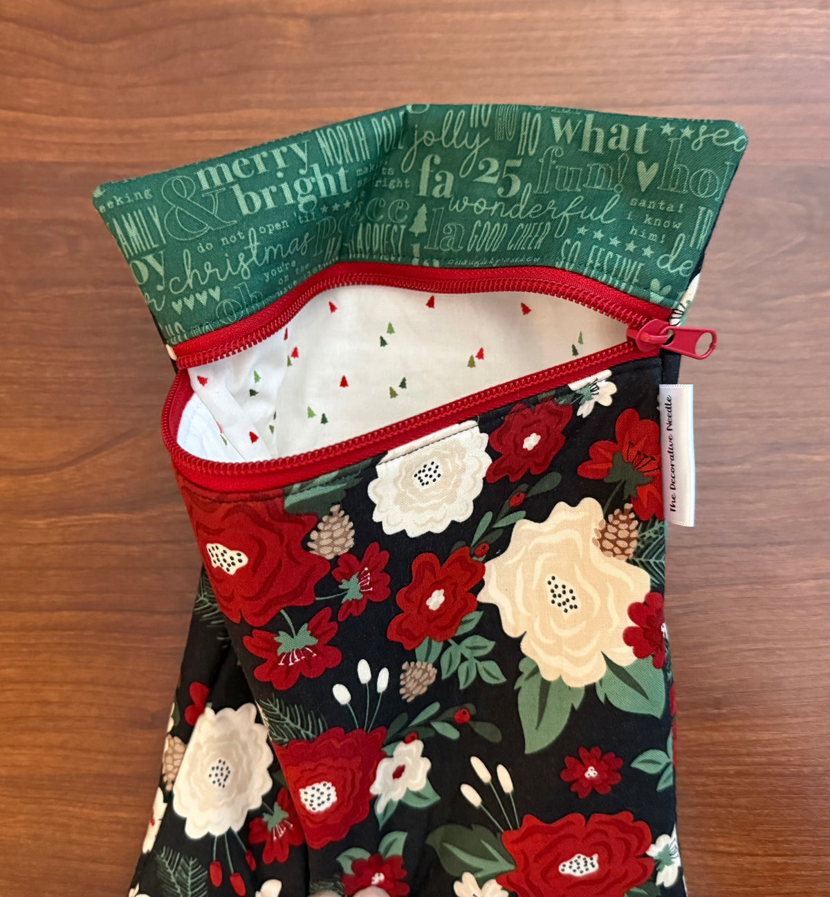 Evergreen Wishes Floral on Black Skinny project bag for cross stitch & embroidery