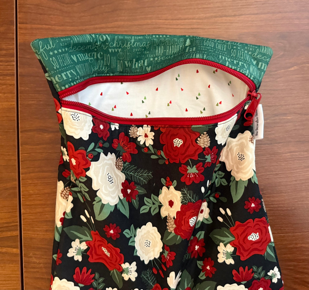 Evergreen Wishes Floral on Black Large project bag for cross stitch & embroidery