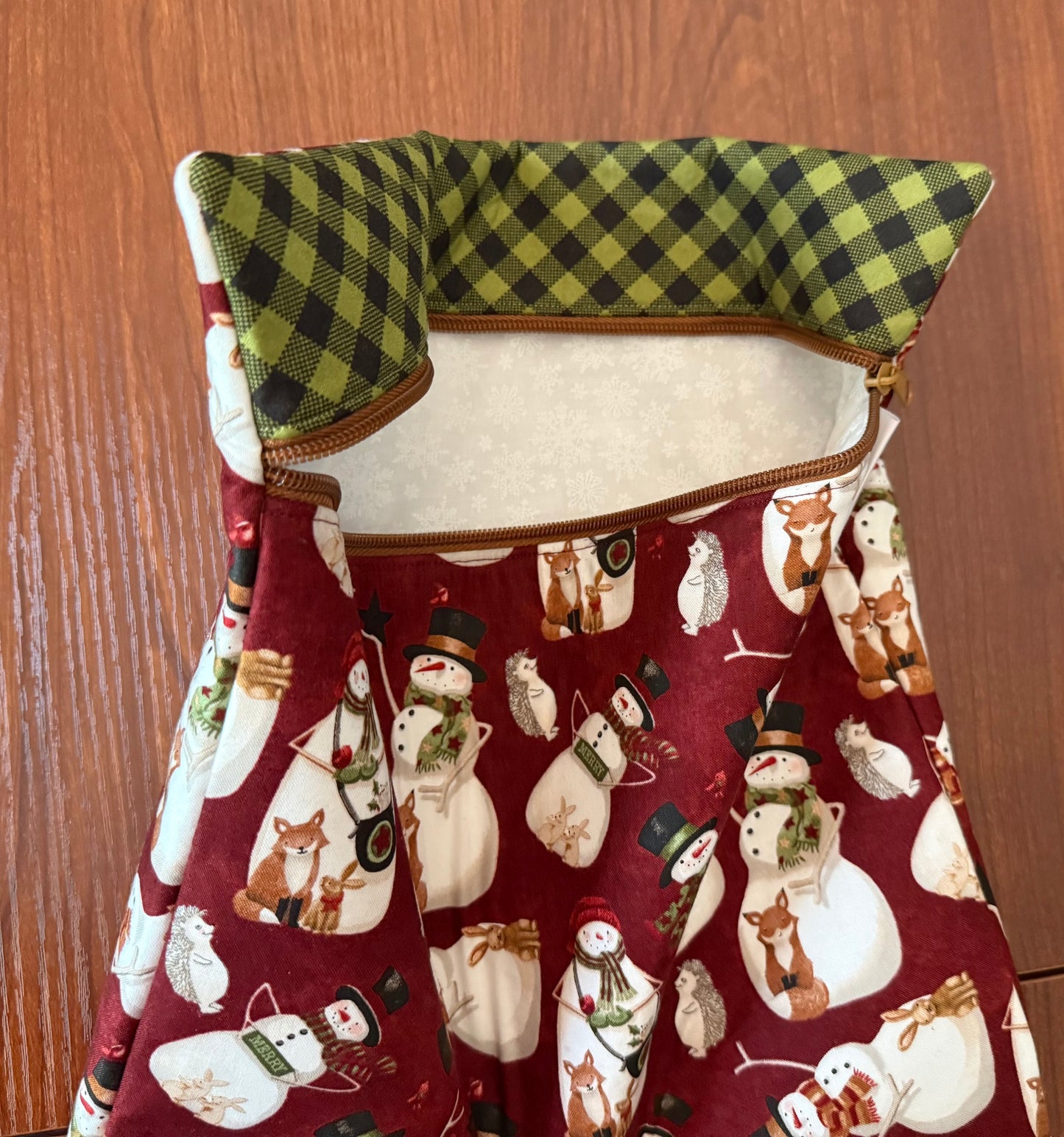 Northern Christmas Snowmen Tall project bag for cross stitch & embroidery featuring fabric by Teresa Kogut