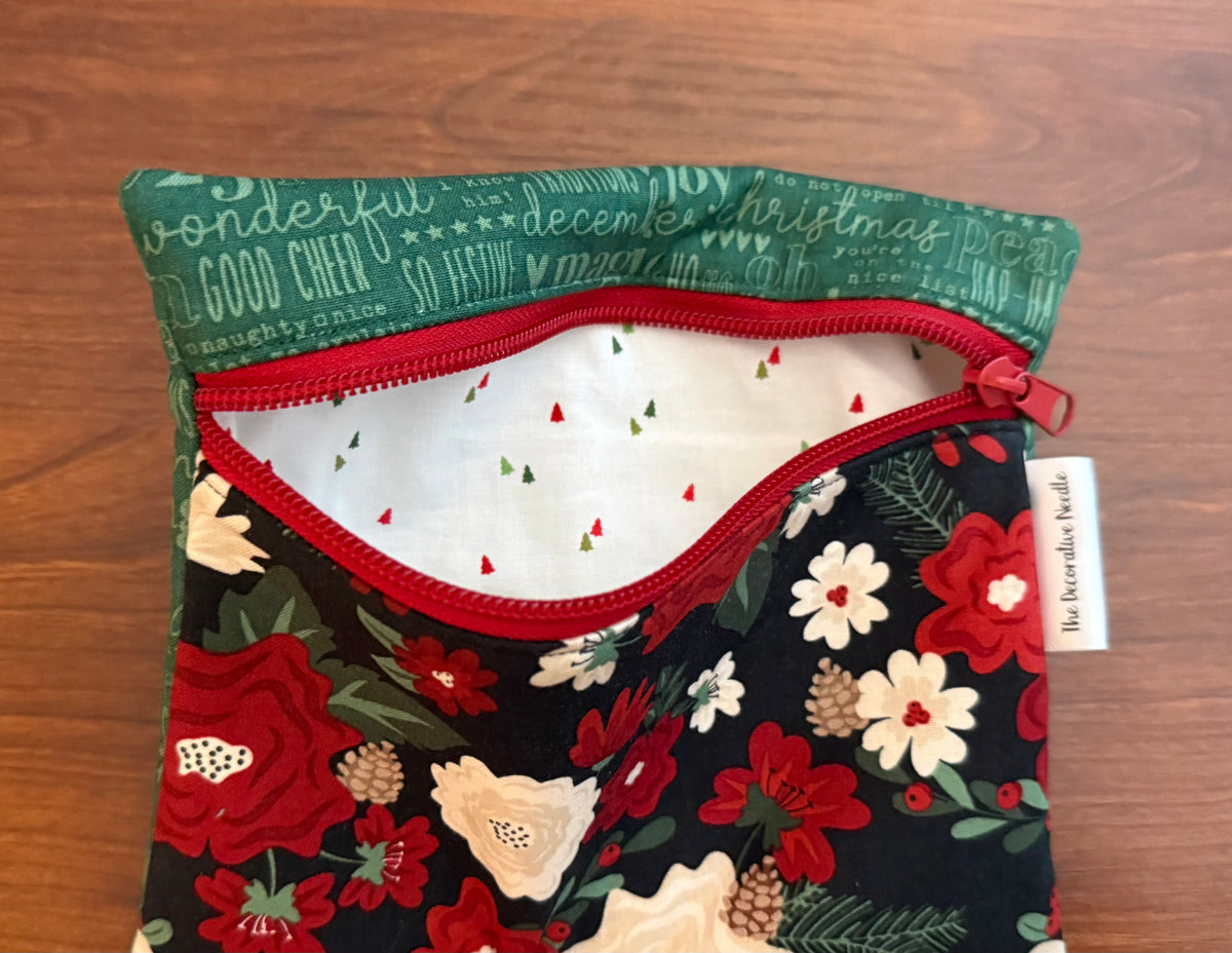 Evergreen Wishes floral on Black Notions bag for cross stitch & embroidery