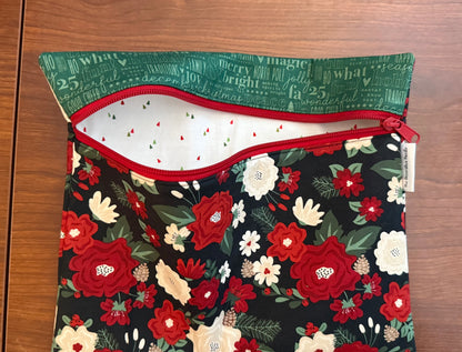 Evergreen Wishes Floral on Black Regular project bag for cross stitch & embroidery