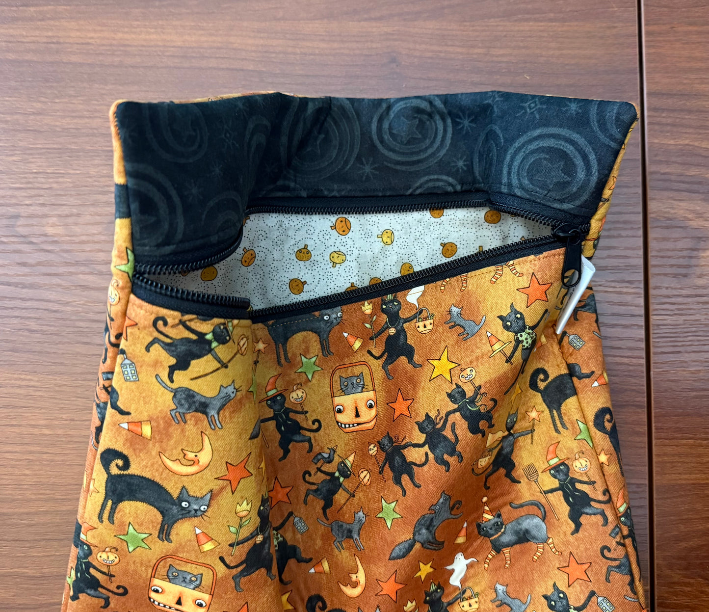 Spooky Cats Tall project bag for cross stitch & embroidery featuring fabric by Teresa Kogut