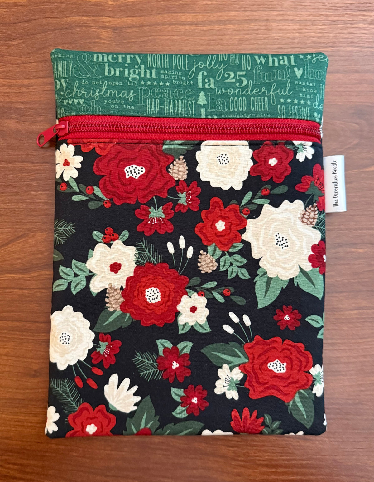 Evergreen Wishes Floral on Black Skinny project bag for cross stitch & embroidery