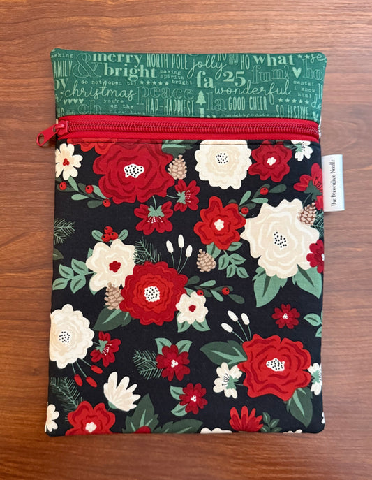 Evergreen Wishes Floral on Black Skinny project bag for cross stitch & embroidery