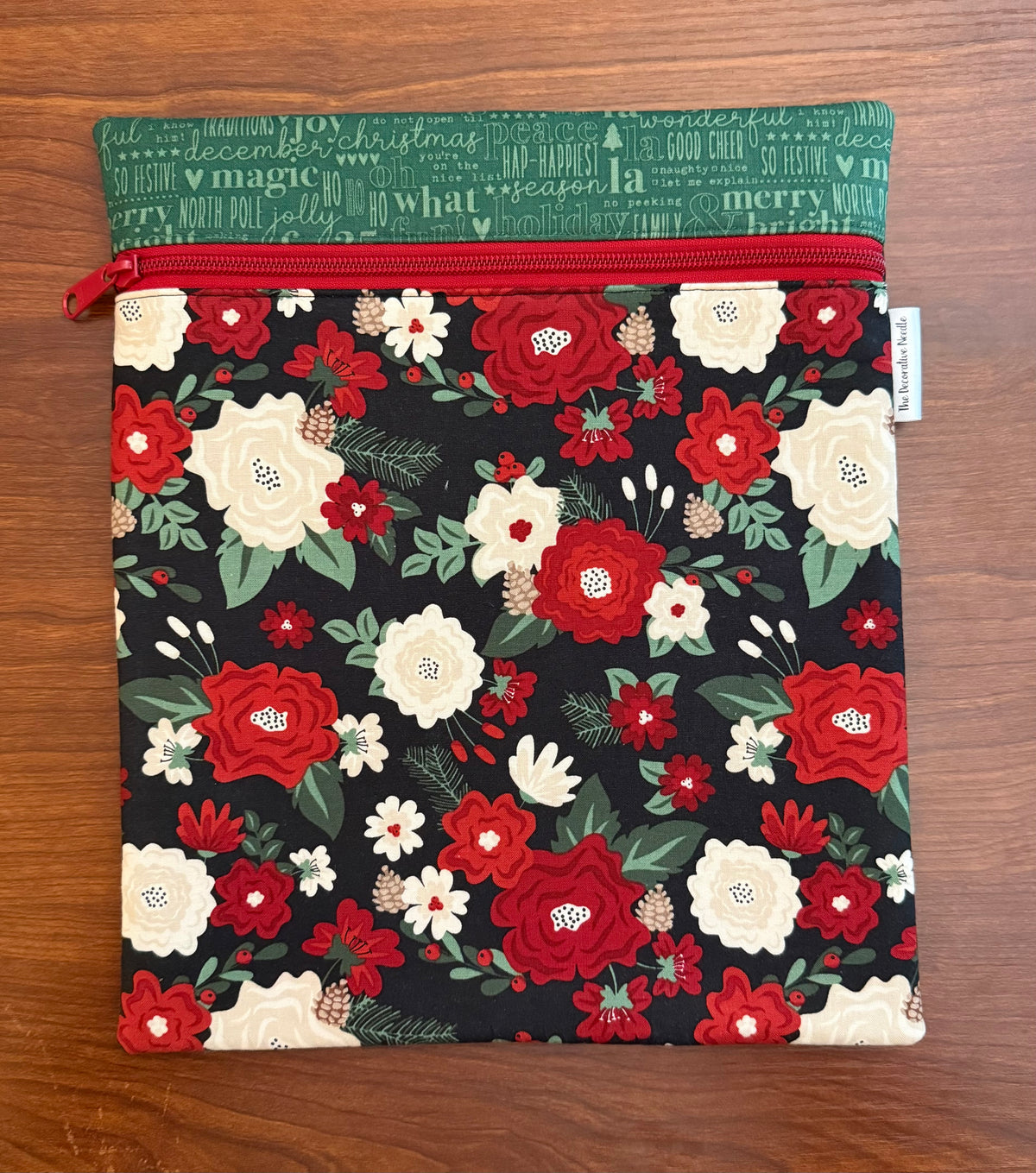 Evergreen Wishes Floral on Black Large project bag for cross stitch & embroidery