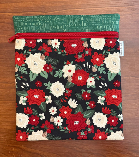 Evergreen Wishes Floral on Black Large project bag for cross stitch & embroidery