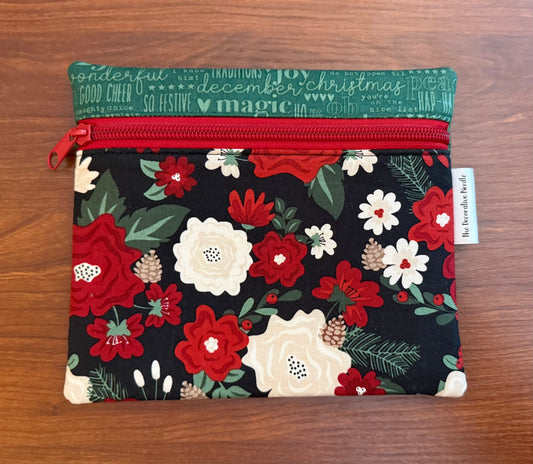 Evergreen Wishes floral on Black Notions bag for cross stitch & embroidery