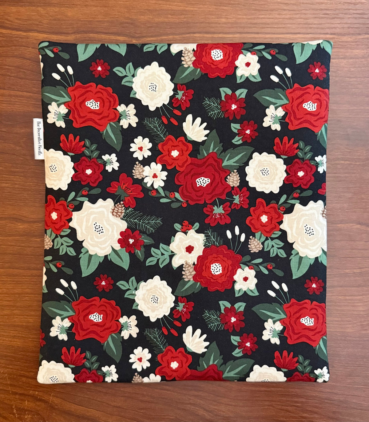 Evergreen Wishes Floral on Black Large project bag for cross stitch & embroidery