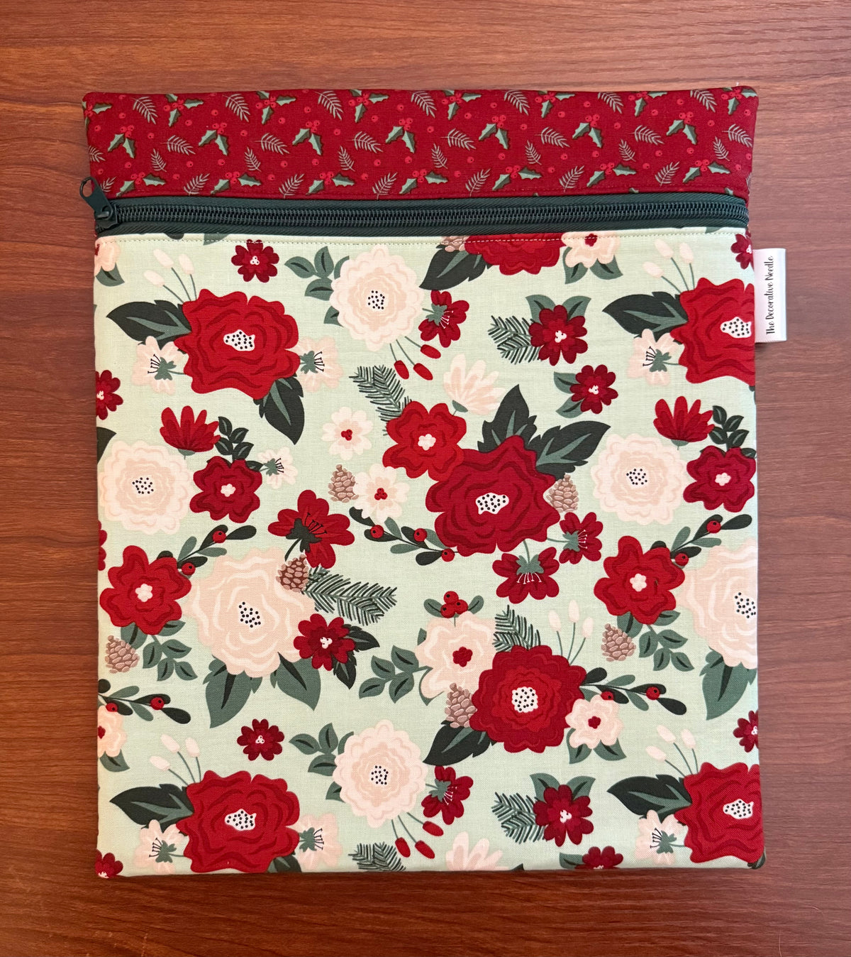 Evergreen Wishes Floral on Mint Large project bag for cross stitch & embroidery