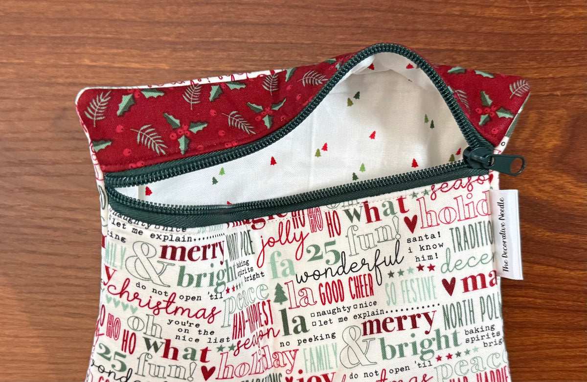 Evergreen Wishes Typography Notions bag for cross stitch & embroidery