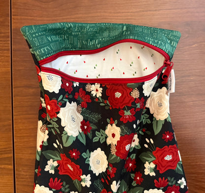 Evergreen Wishes Floral on Black Large project bag for cross stitch & embroidery