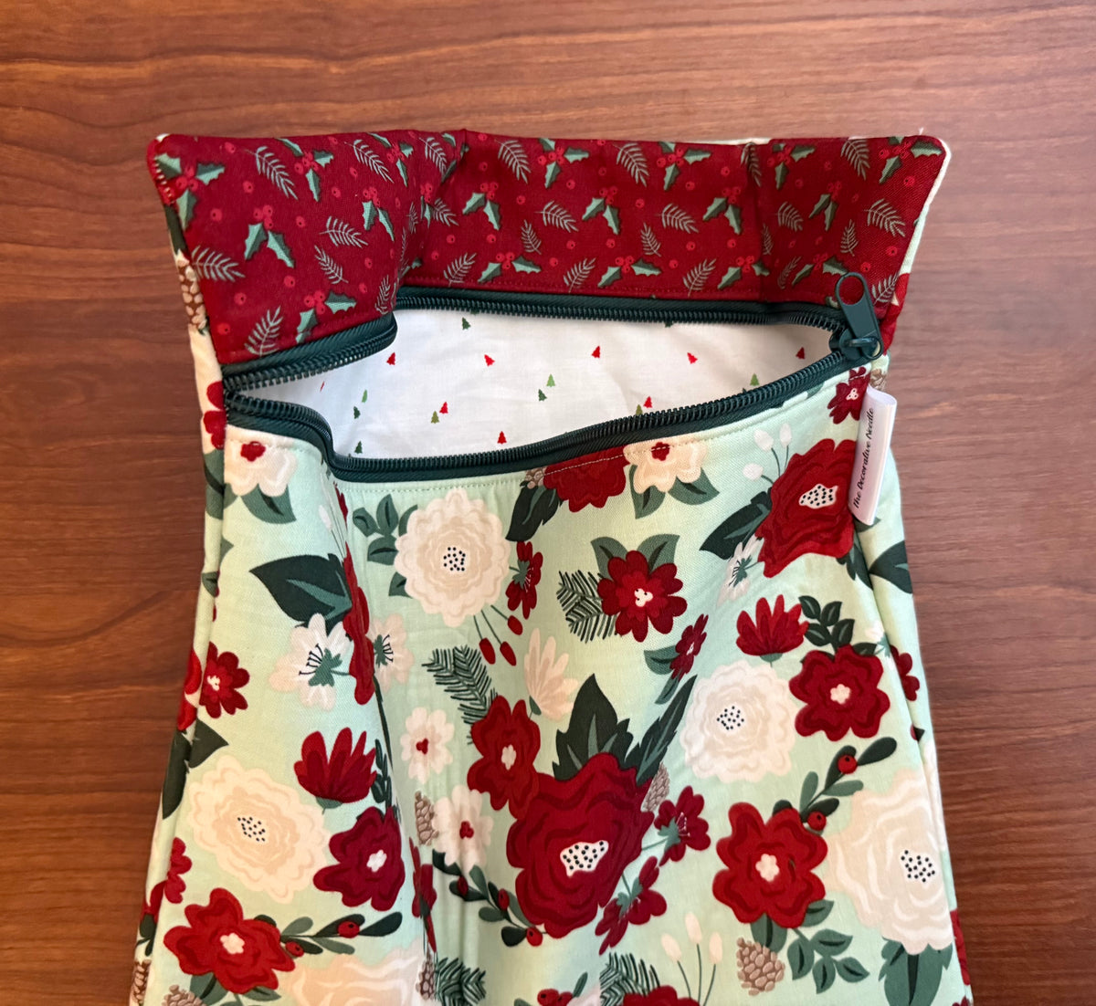 Evergreen Wishes Floral on Mint Large project bag for cross stitch & embroidery