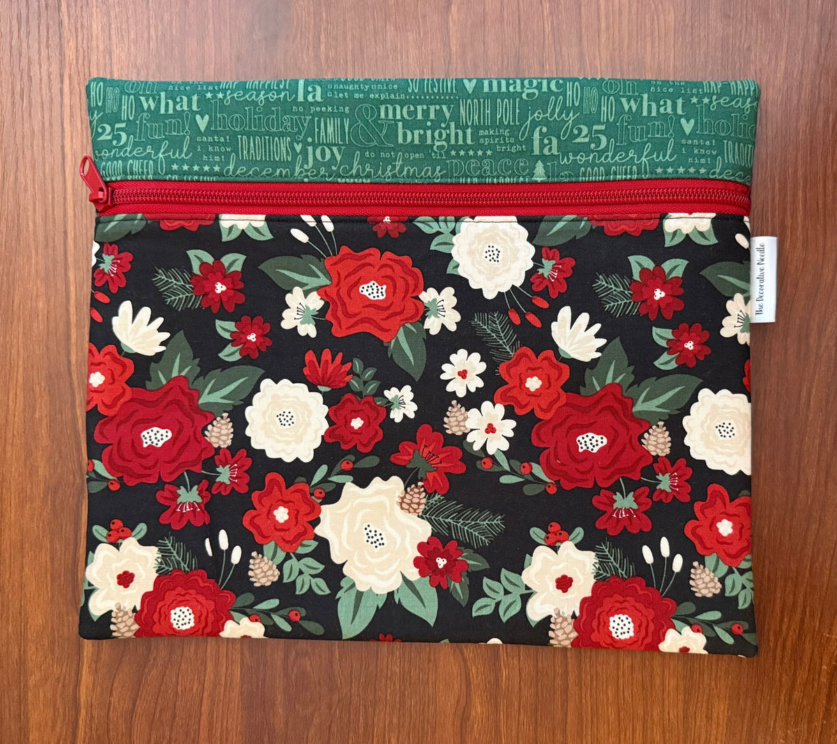 Evergreen Wishes Floral on Black Regular project bag for cross stitch & embroidery