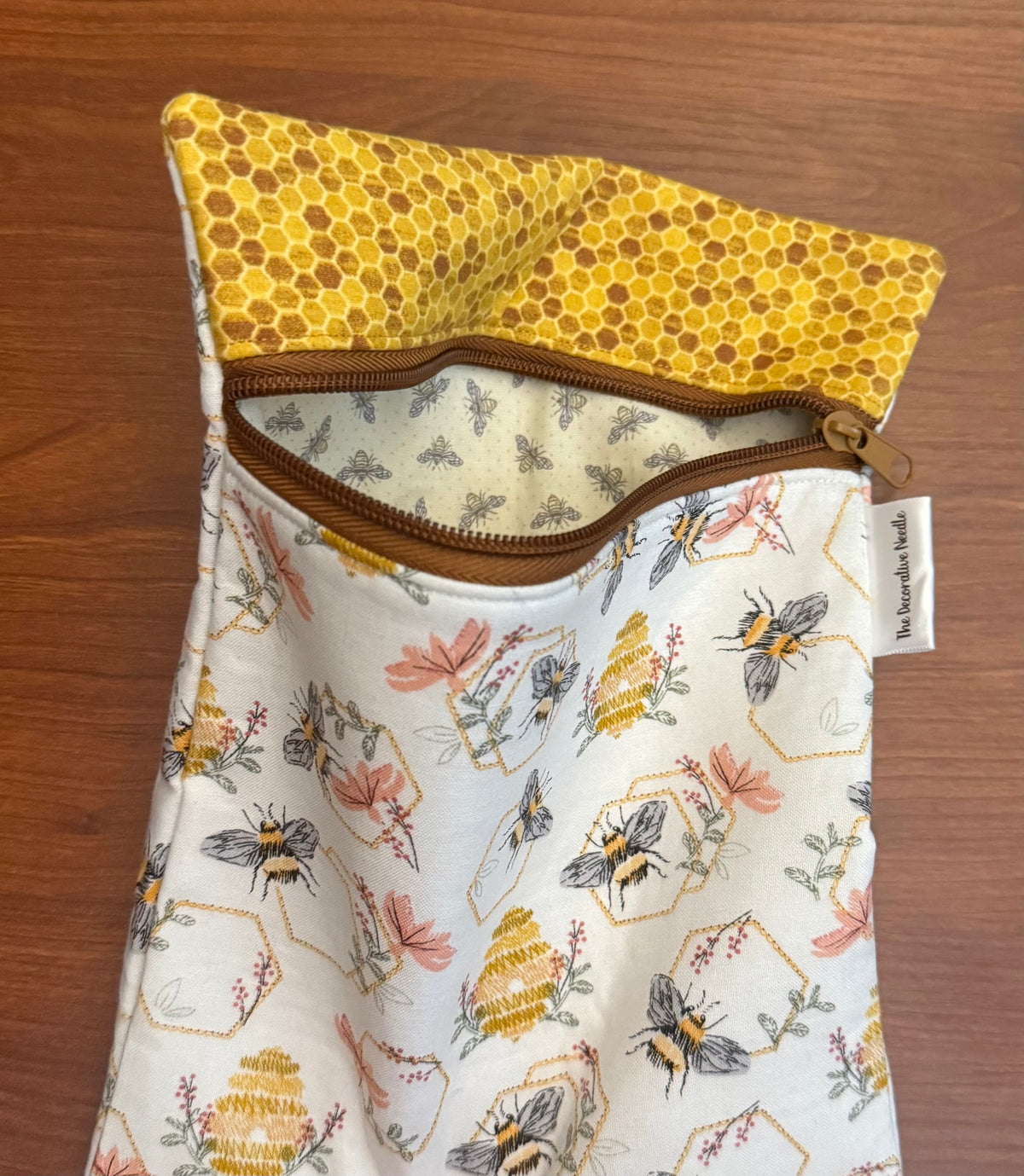 Embroidered Bees Print Skinny project bag for cross stitch & embroidery